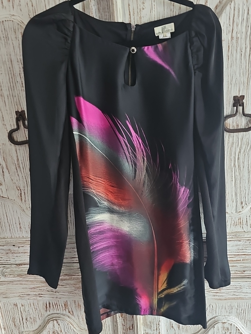 DEPT Amsterdam Elegant Black L/S Dress -Multicolor Feather Print - Size Small
